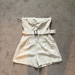 Strapless Cream Linen-Blend Romper with Buckle Belt
